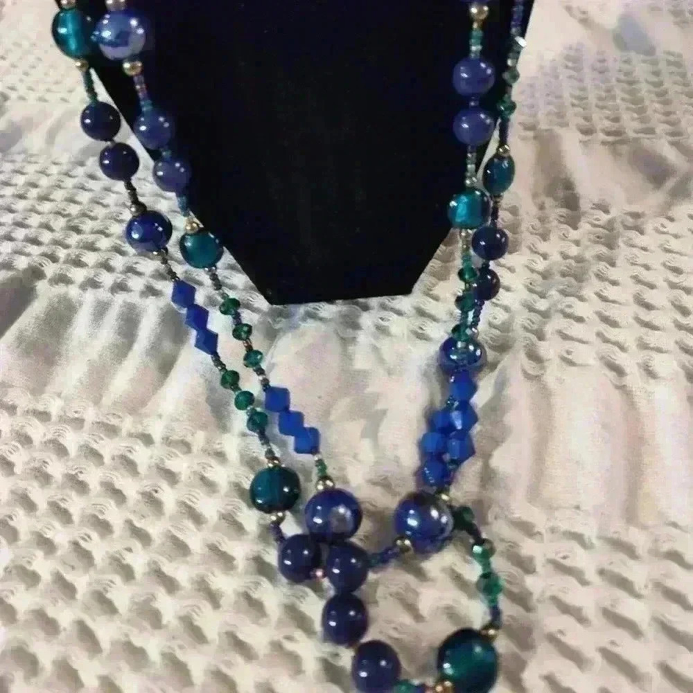 Premier designs long women's necklace multicolor blue beads